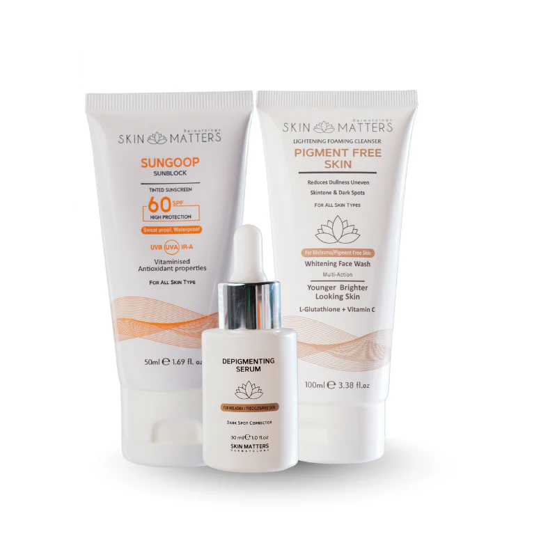 Melasma Bundle Pakistan – depigmenting face wash, serum and sunblock kit by Skin Matters Dr. Attiya Tareen